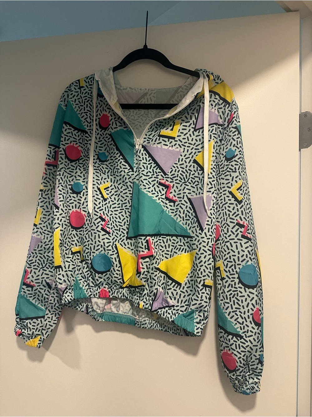 Geometric Print Crewneck Pullover Sweater - Teal, Yellow, Purple